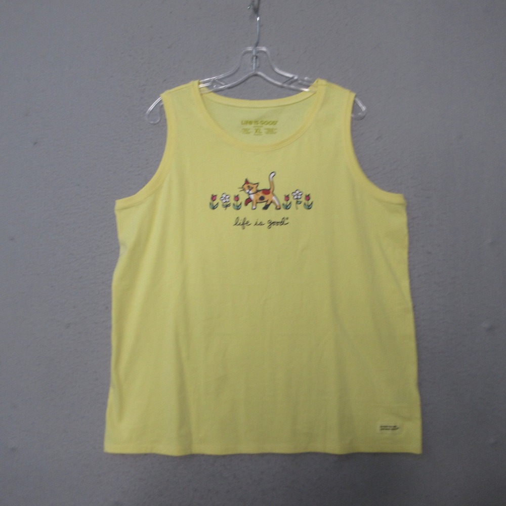 Life is Good Tank Top XL Crusher Cat Floral Yellow Animal Lover Garden NWT
